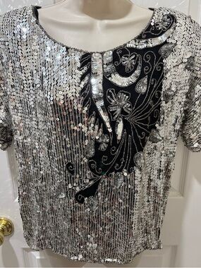 Jean for Joseph Le Bon Silver Sequin Embellished Top with Black Appliqué
